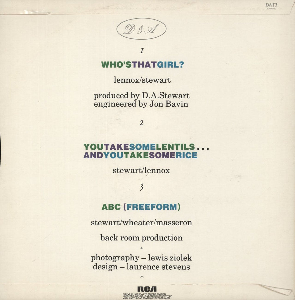 Eurythmics Who's That Girl UK 12" vinyl single (12 inch record / Maxi-single)