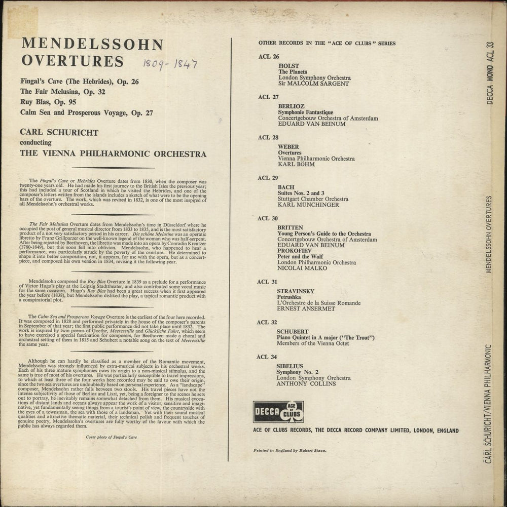 Felix Mendelssohn Overtures UK vinyl LP album (LP record)