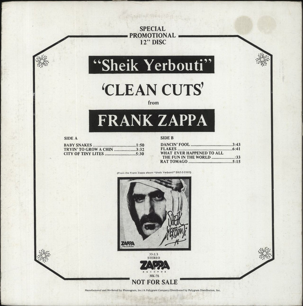 Frank Zappa Sheik Yerbouti Clean Cuts - EX US Promo vinyl LP album (LP record) MK-78