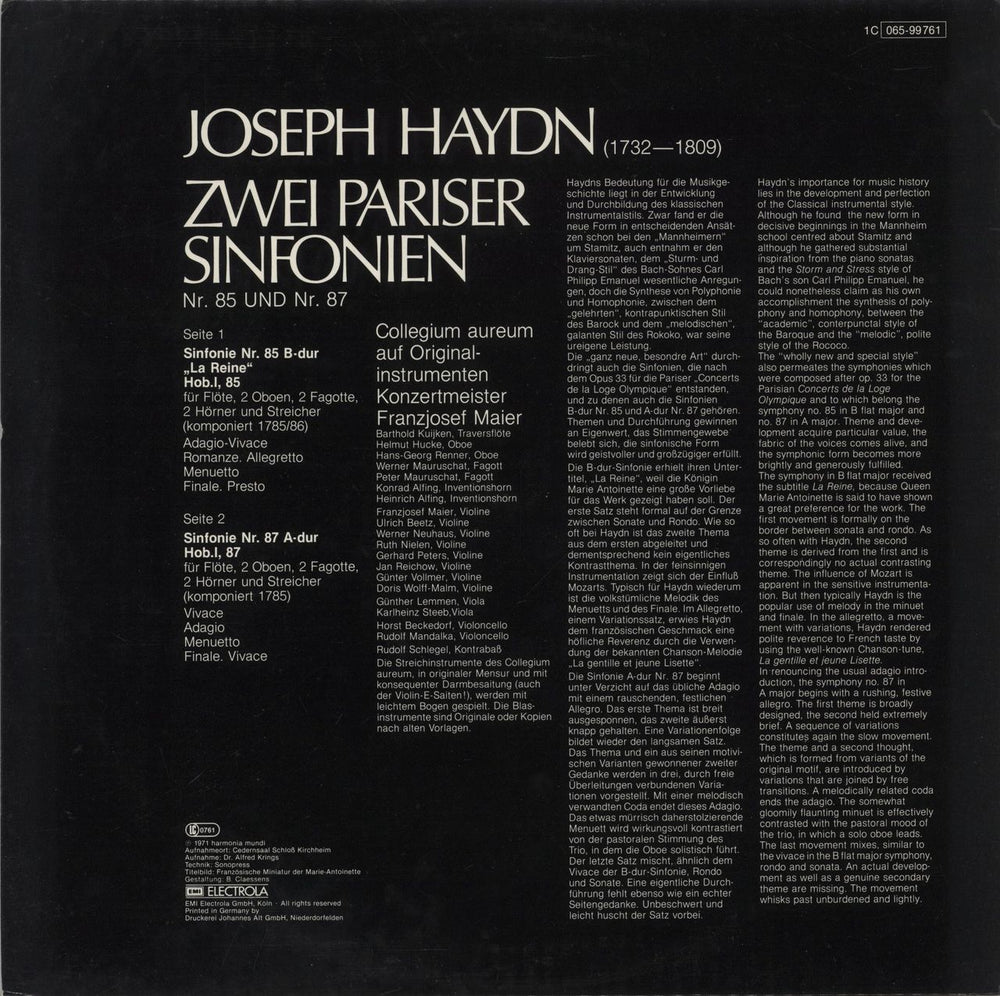 Franz Joseph Haydn Two Paris Symphonies German vinyl LP album (LP record)