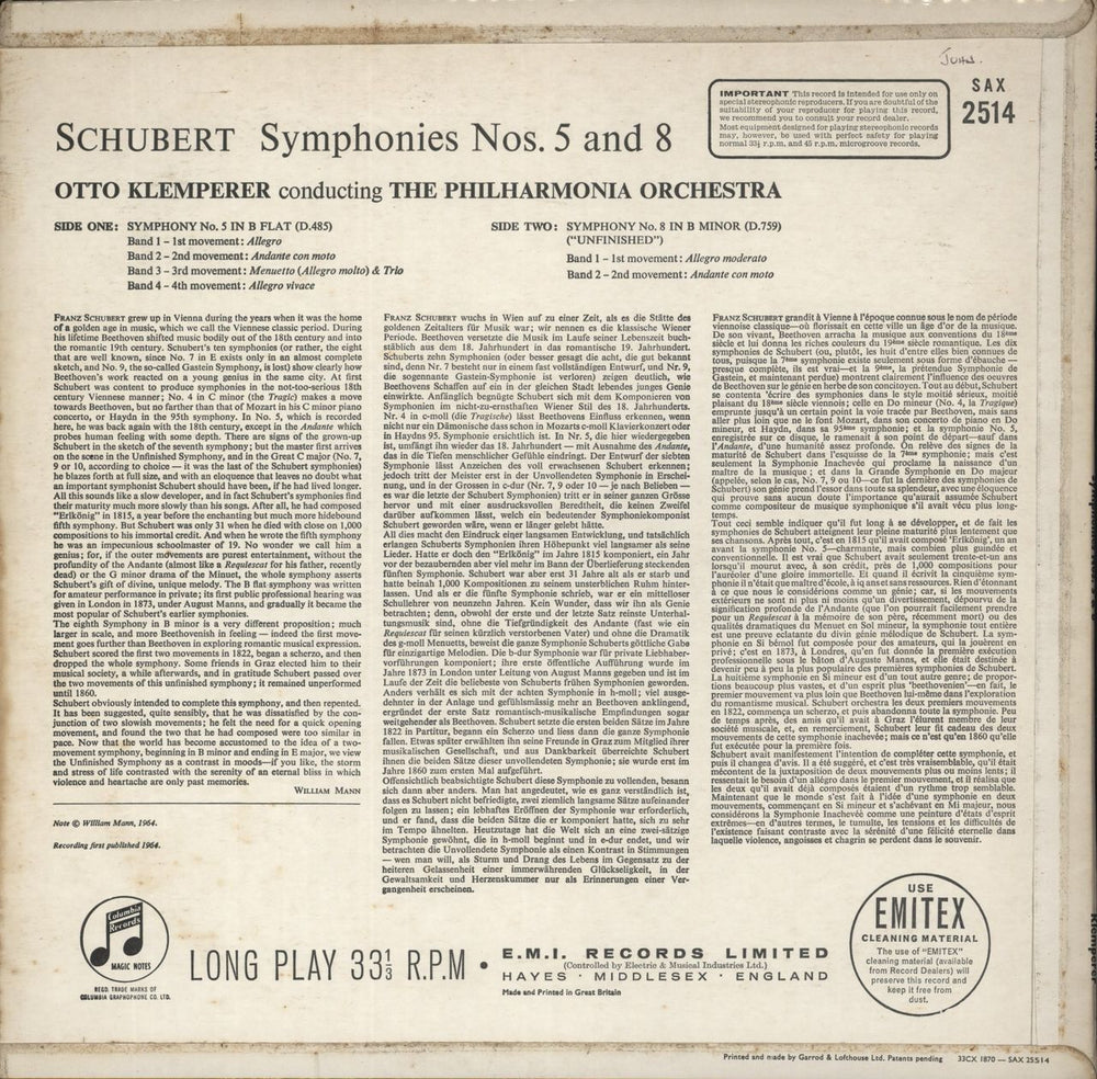 Franz Schubert Schubert: "Unfinished" Symphony; Symphony No. 5 In B Flat Major UK vinyl LP album (LP record)