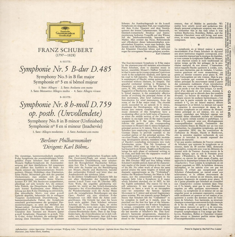 Franz Schubert Symphonien Nr. 5 & Nr. 8 (Unvollendete Inachevée Unfinished) German vinyl LP album (LP record)