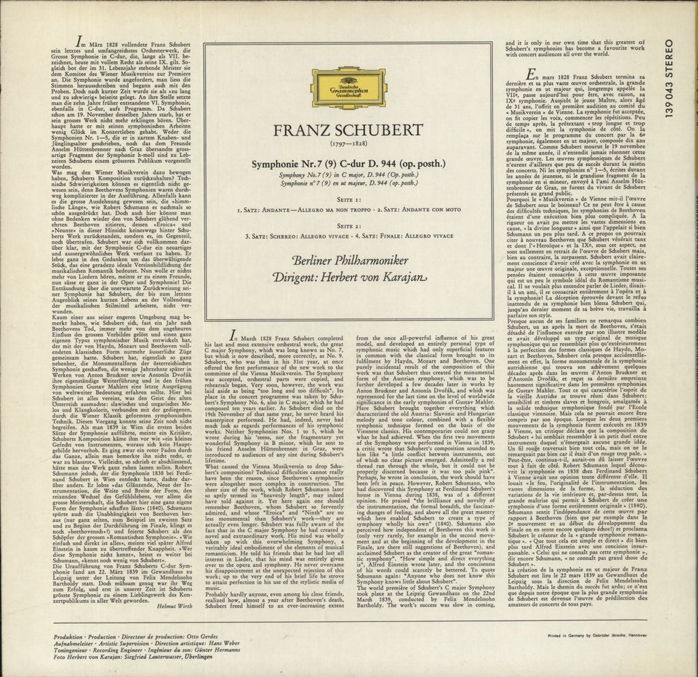 Franz Schubert Symphony No. 9 German vinyl LP album (LP record)