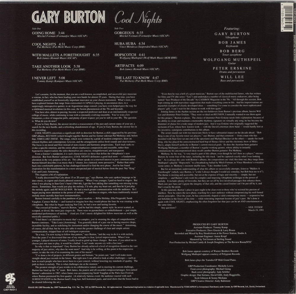 Gary Burton Cool Nights Swiss vinyl LP album (LP record) 01110596431