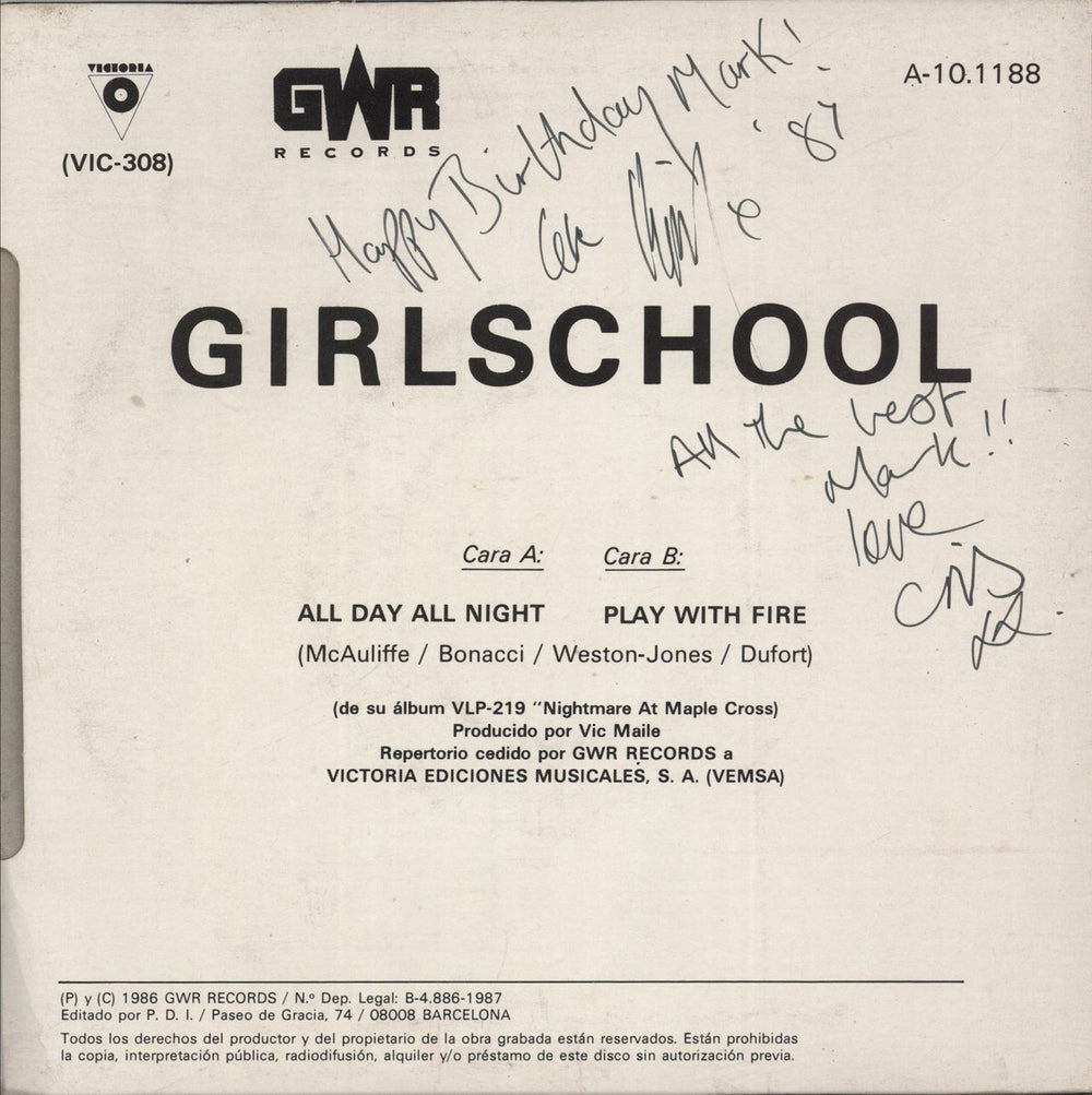 Girlschool Nightmare At Maple Cross: All Day All Night / Play With Fire - Autographed Spanish 7" vinyl single (7 inch record / 45)