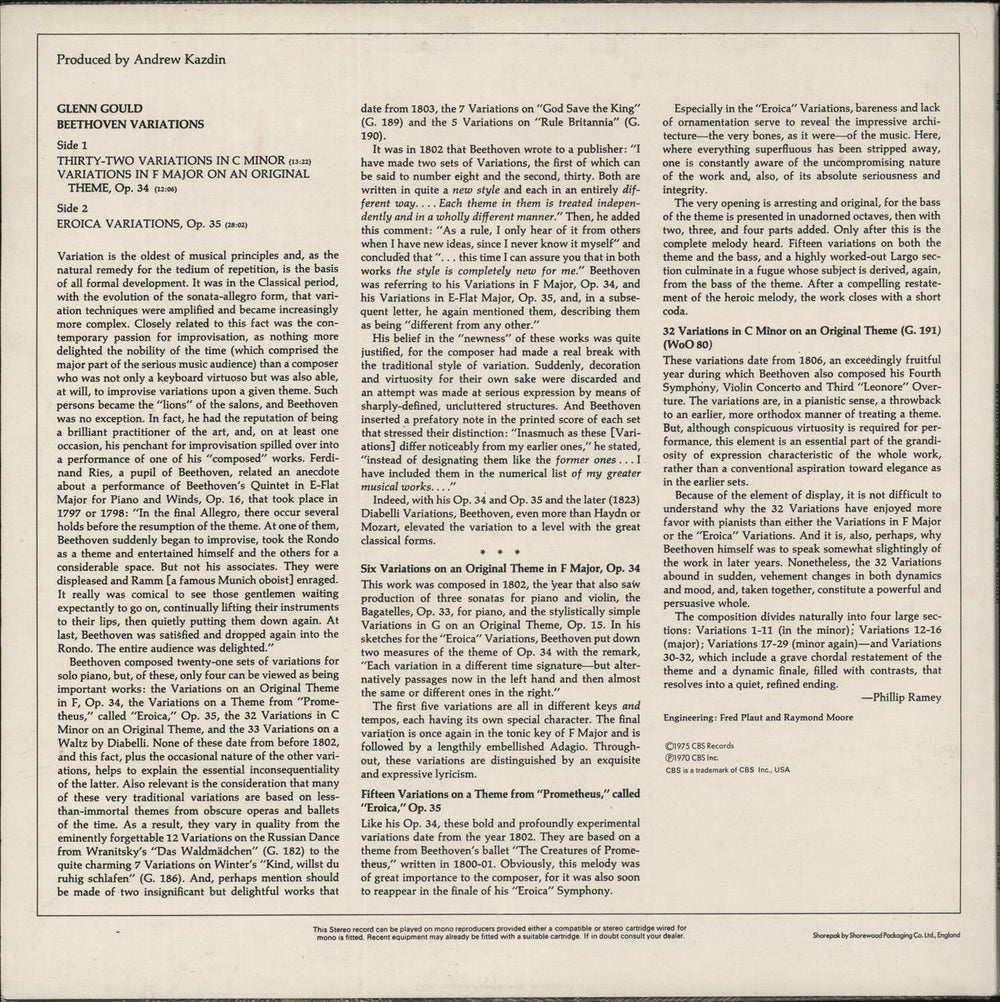 Glenn Gould 32 Variations In C Minor / Variations In F On An Original Theme, Op. 34 / Eroica Variations, Op. 35 UK vinyl LP album (LP record)