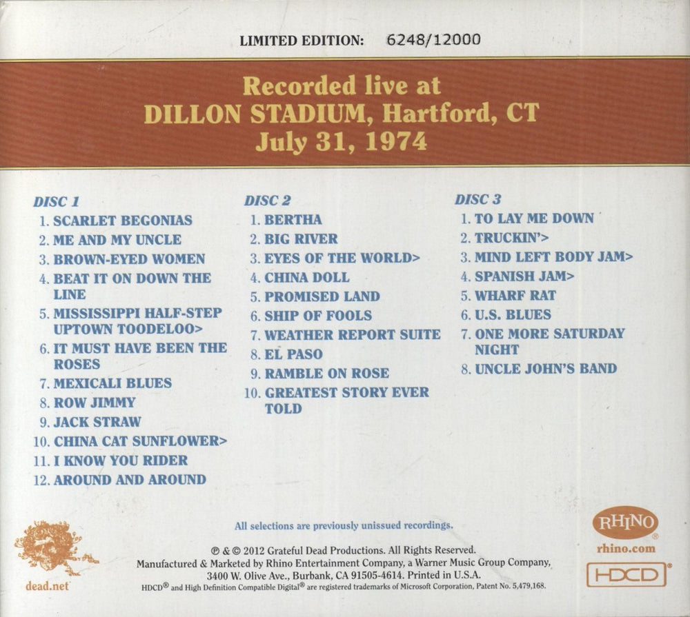 Grateful Dead Dave's Picks Volume 2: Dillon Stadium, Hartford, CT 7/31/74 + Bonus Disc US 4-CD album set