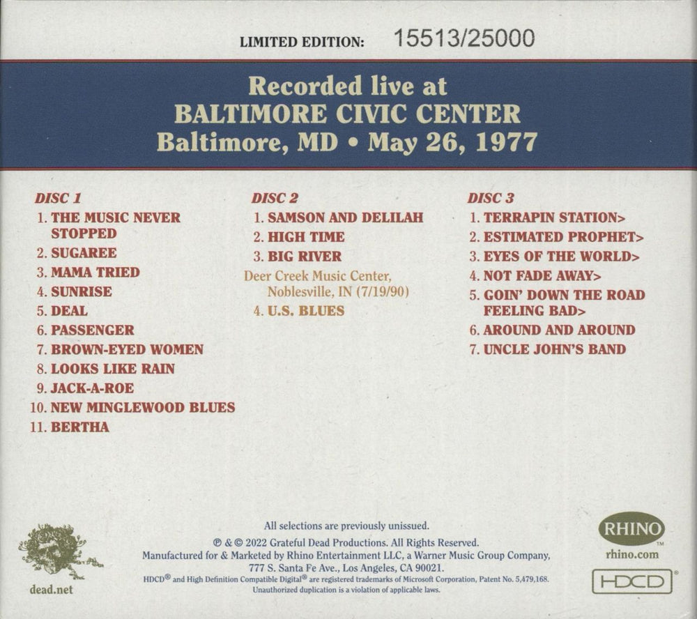 Grateful Dead Dave's Picks Volume 41: Baltimore Civic Center, Baltimore, MD 5/26/77 US 3-CD album set (Triple CD)