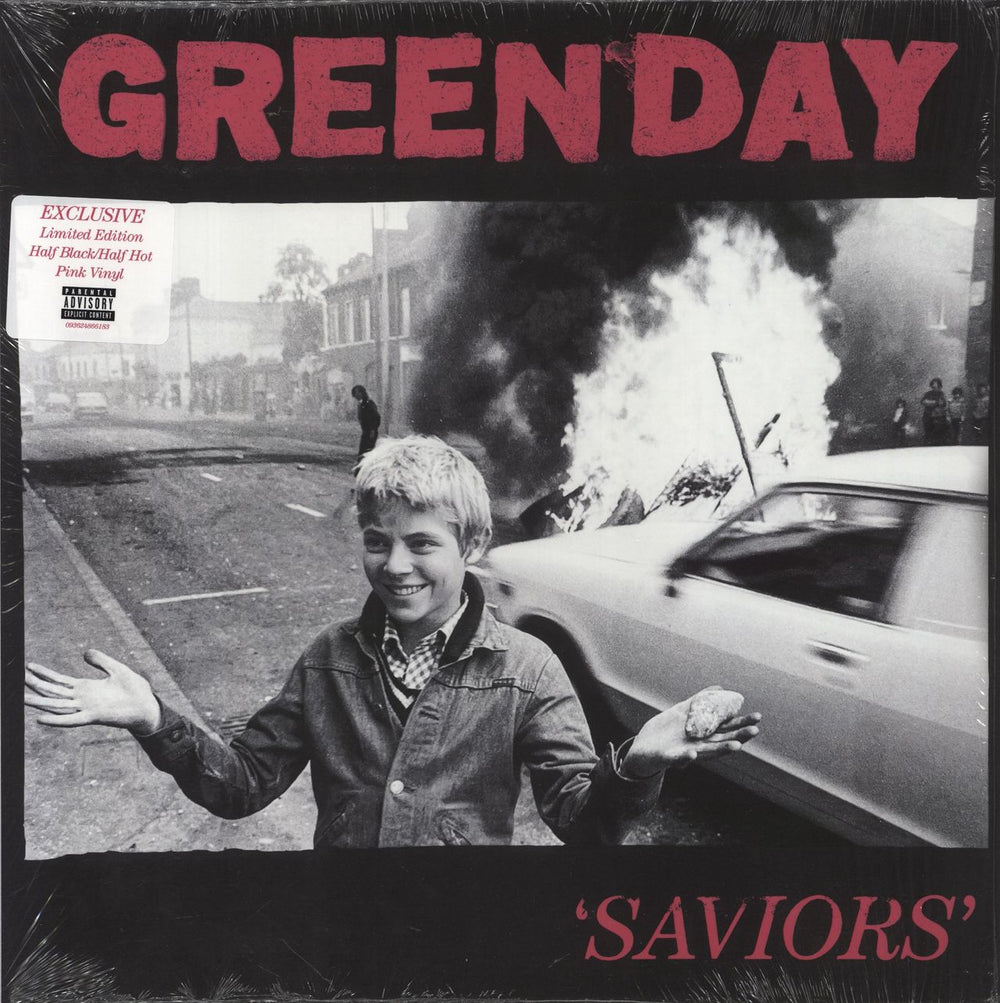 Green Day Saviors - Half Hot Pink / Half Black Split Vinyl + Opened Shrink UK vinyl LP album (LP record) 0093624866183