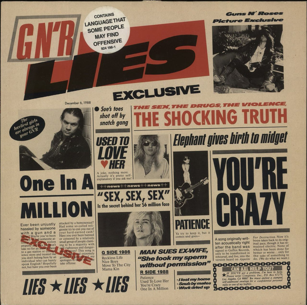 Guns N Roses GN'R Lies - VG + White Hype-sticker UK vinyl LP album (LP record) WX218