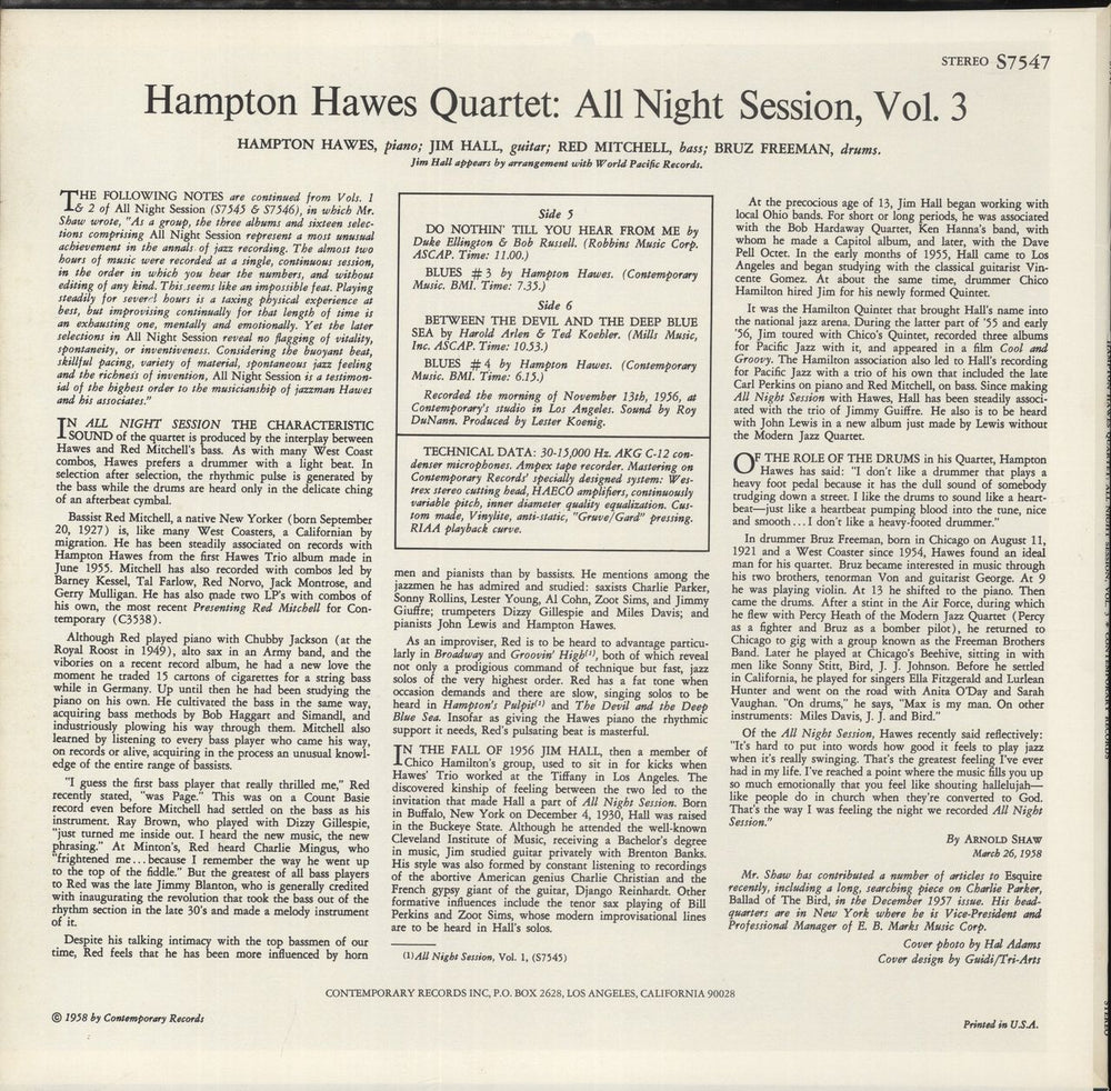 Hampton Hawes All Night Session! Volume 3 US vinyl LP album (LP record)