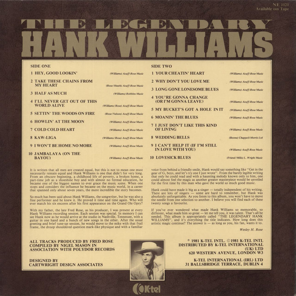 Hank Williams The Legendary Hank Williams UK vinyl LP album (LP record)