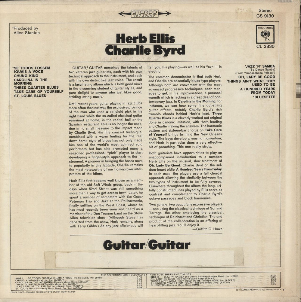 Herb Ellis & Charlie Byrd Guitar, Guitar - 1st issue US vinyl LP album (LP record)