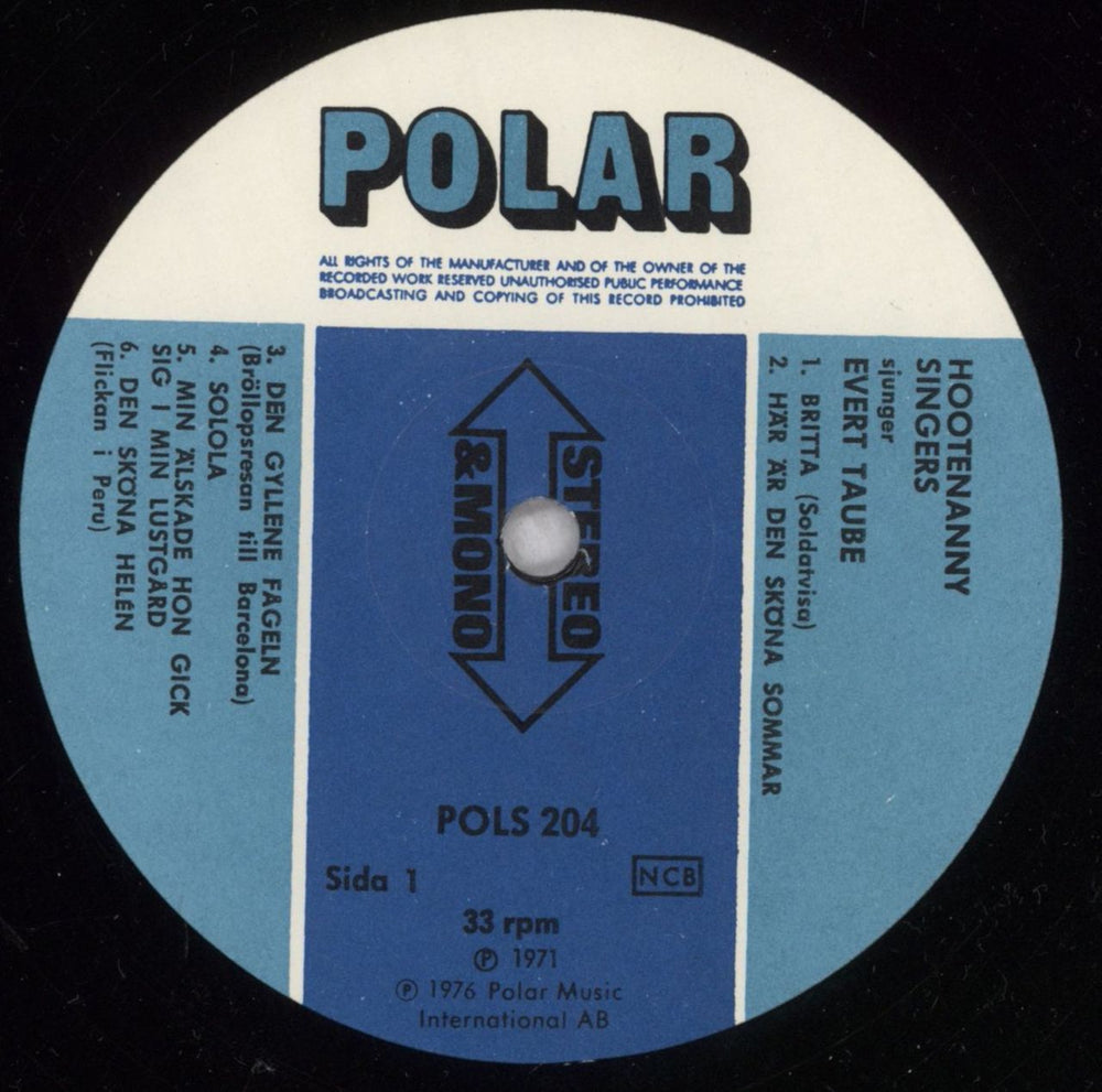 Hootenanny Singers Sjunger Evert Taube Swedish vinyl LP album (LP record) YNHLPSJ844432