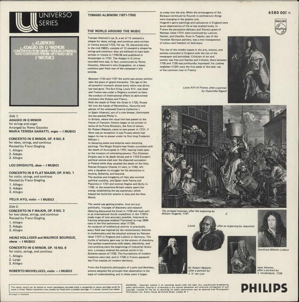 I Musici Albinoni: Adagio In G Minor / Concertos For Oboe, Violin, Strings And Continuo From Op. 9 And Op. 10 Dutch vinyl LP album (LP record)
