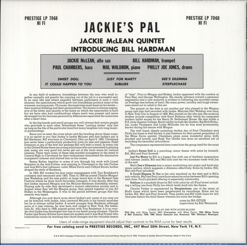 Jackie McLean Jackie's Pal - 200gm US vinyl LP album (LP record) 753088706813