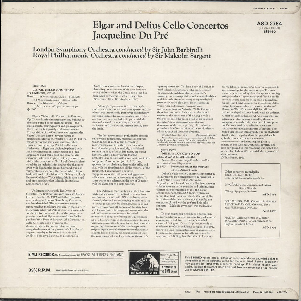 Jacqueline Du Pré Elgar & Delius Cello Concertos UK vinyl LP album (LP record)