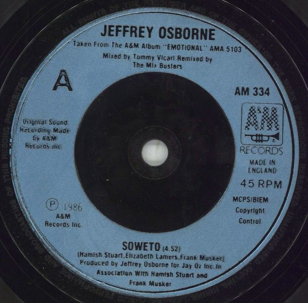 Jeffrey Osborne Soweto UK 7" vinyl single (7 inch record / 45) JZ-07SO677688