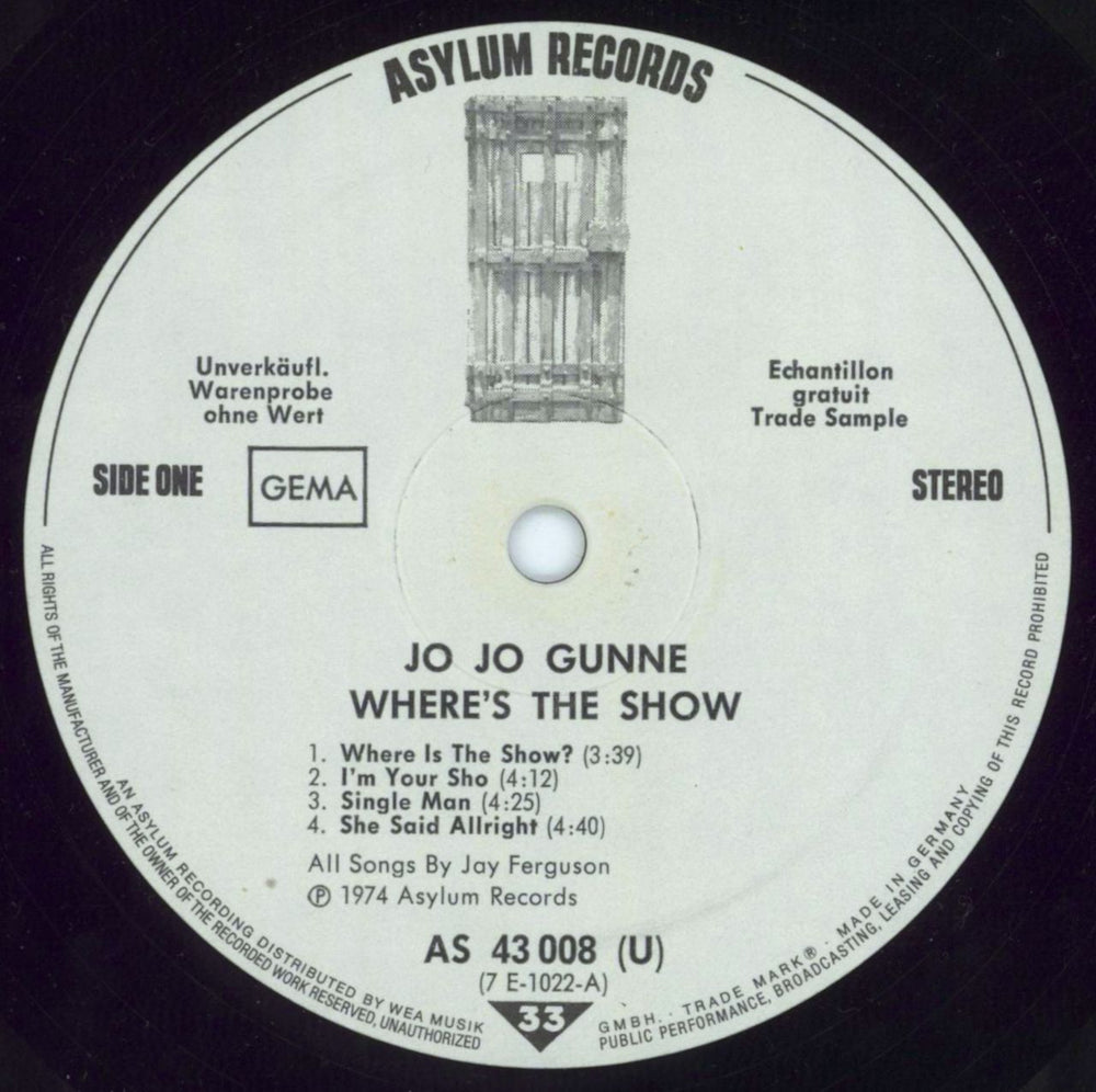 Jo Jo Gunne So Where's The Show German Promo vinyl LP album (LP record) JJGLPSO814744