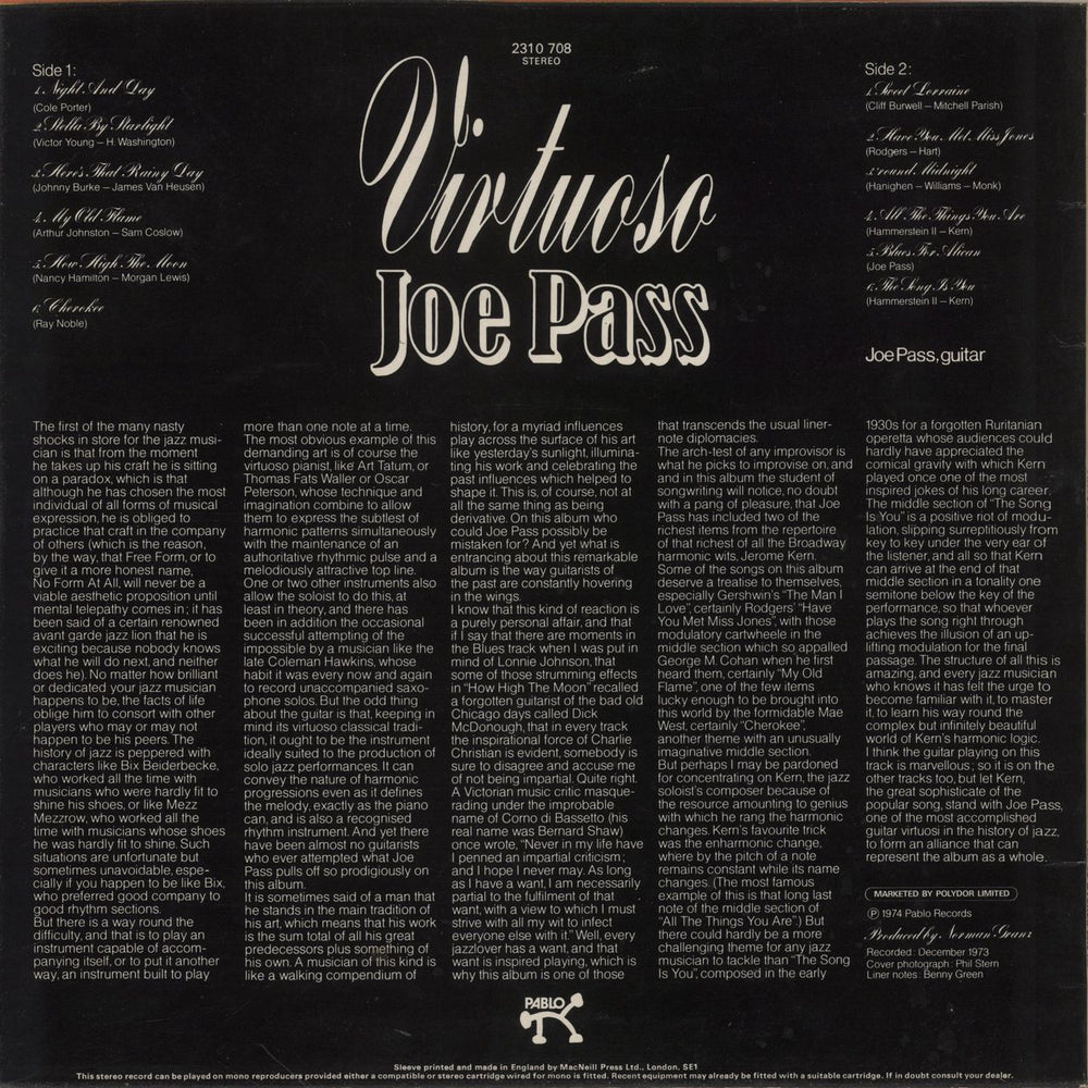 Joe Pass Virtuoso UK vinyl LP album (LP record)