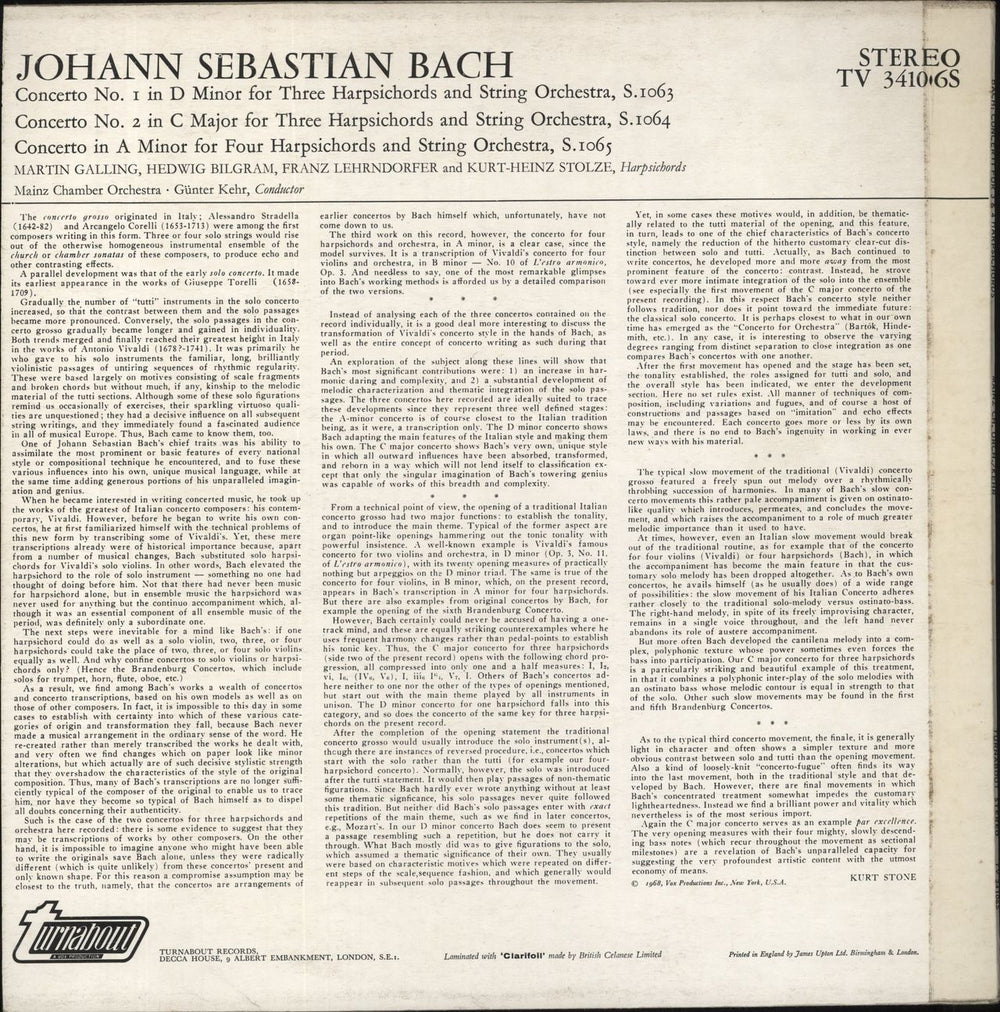 Johann Sebastian Bach Bach: Two Concerti For 3 Cembali & String Orchestra (N° 1 In D Minor - N° 2 In C Major) / Concerto F UK vinyl LP album (LP record)