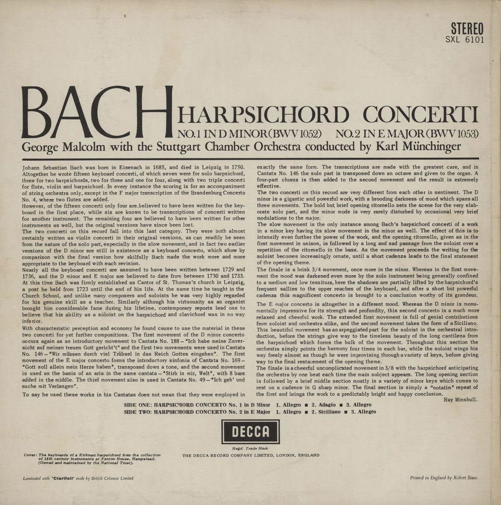 Johann Sebastian Bach Harpsichord Concerti Nos. 1 & 2 - WBg UK vinyl LP album (LP record)