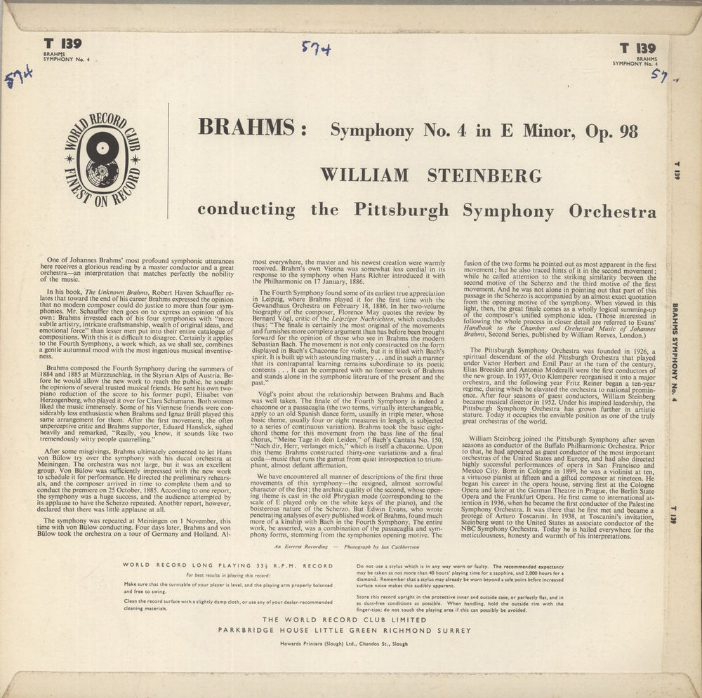 Johannes Brahms Symphony No. 4 in E minor Op. 98 UK vinyl LP album (LP record)