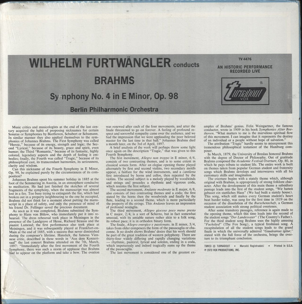 Johannes Brahms Symphony No. 4 in E Minor, Op. 98 US vinyl LP album (LP record)