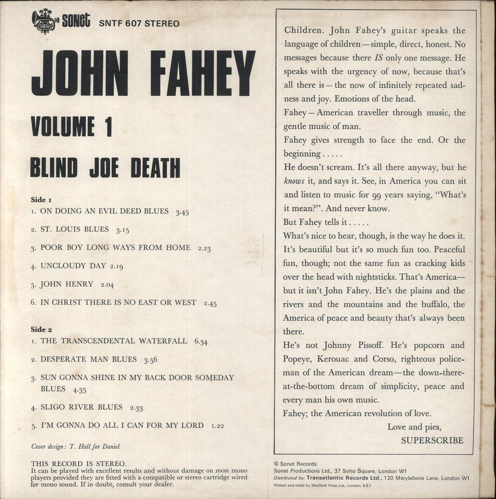 John Fahey Volume 1 - Blind Joe Death - VG UK vinyl LP album (LP record)