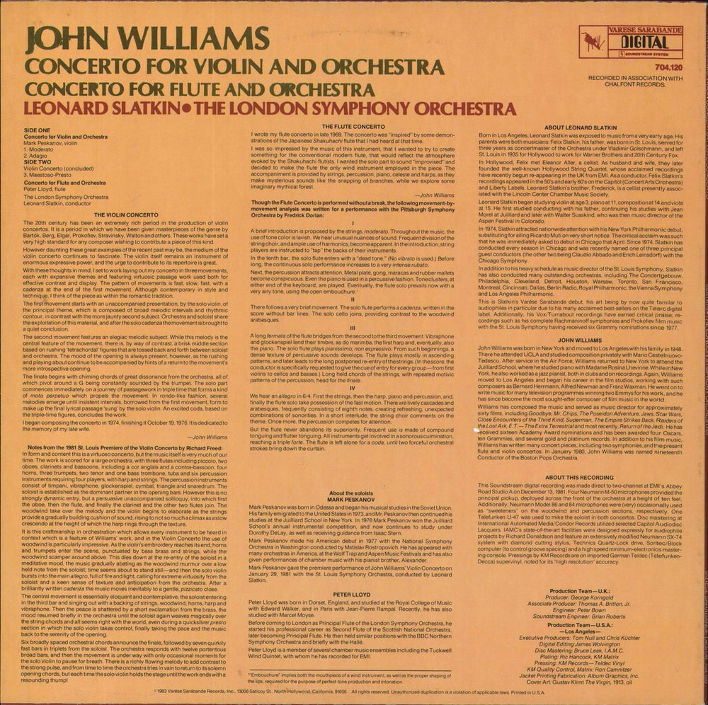 John Williams (Composer) Concerto for Violin / Concerto for Flute US vinyl LP album (LP record)