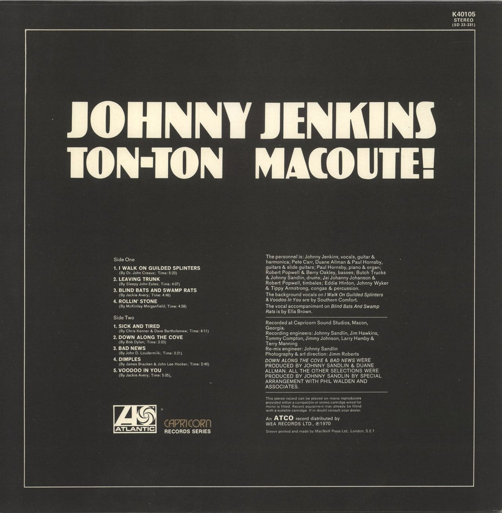 Johnny Jenkins Ton-Ton Macoute! UK vinyl LP album (LP record)