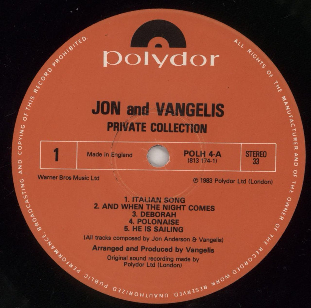 Jon & Vangelis Private Collection UK vinyl LP album (LP record) JVALPPR245294