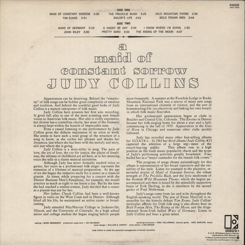 Judy Collins A Maid Of Constant Sorrow UK vinyl LP album (LP record)
