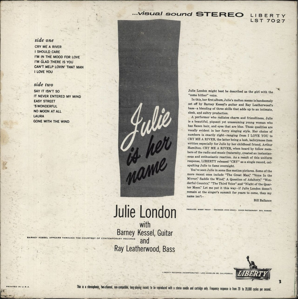 Julie London Julie Is Her Name - VG US vinyl LP album (LP record)