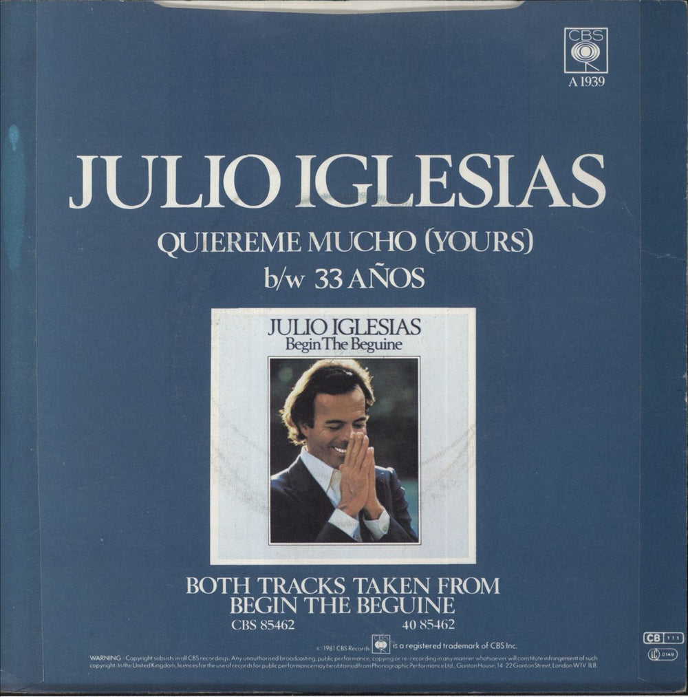 Julio Iglesias Quiereme Mucho (Yours) UK 7" vinyl single (7 inch record / 45)