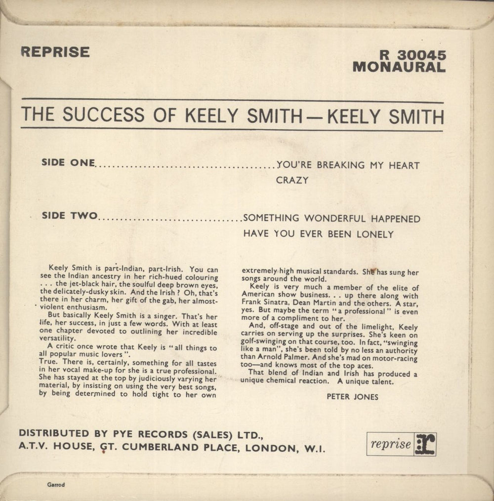 Keely Smith The Success Of Keely Smith UK 7" vinyl single (7 inch record / 45)
