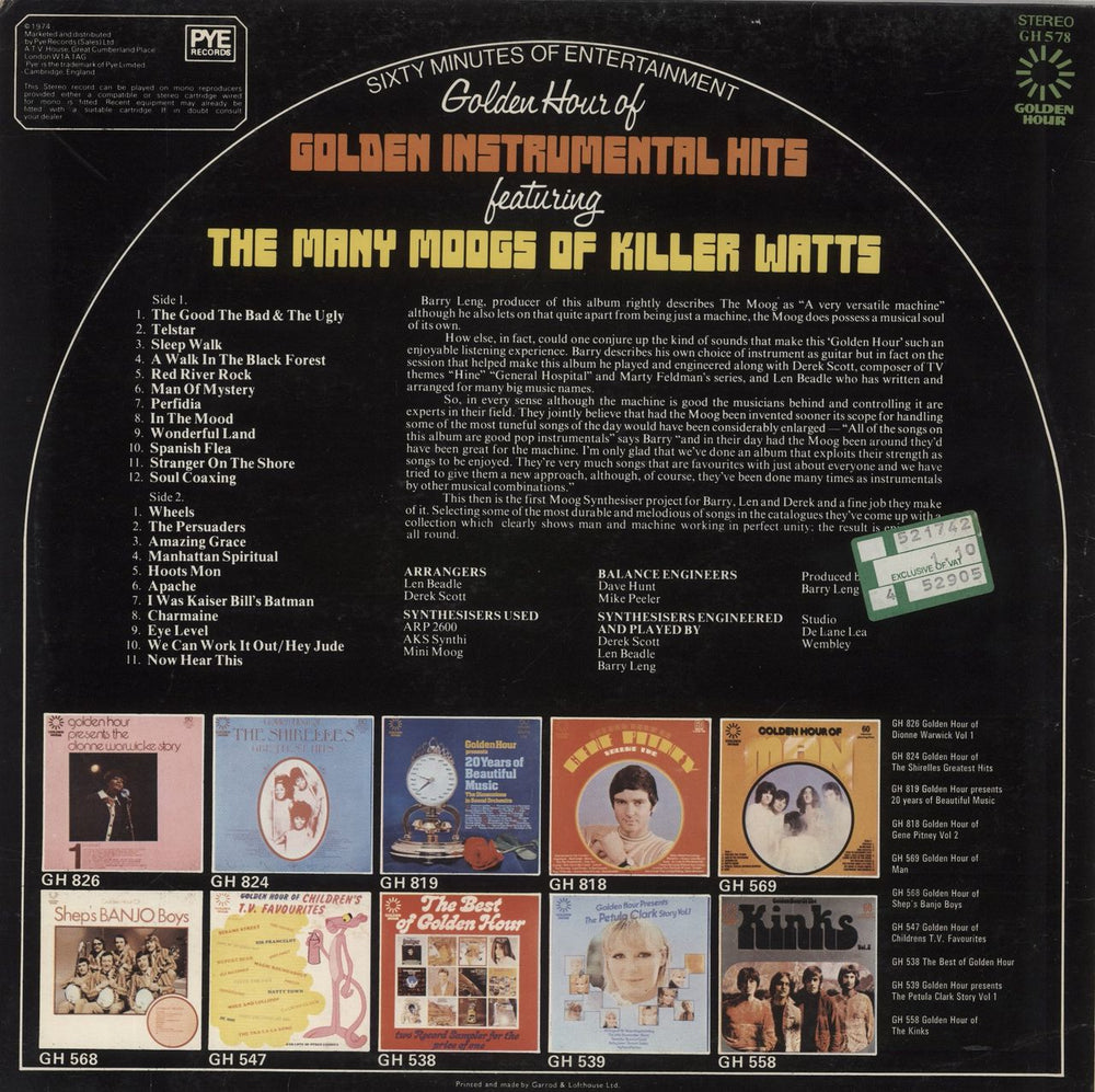 Killer Watts Golden Hour Of Golden Instrumental Hits Featuring The Many Moogs Of Killer Watts UK vinyl LP album (LP record)