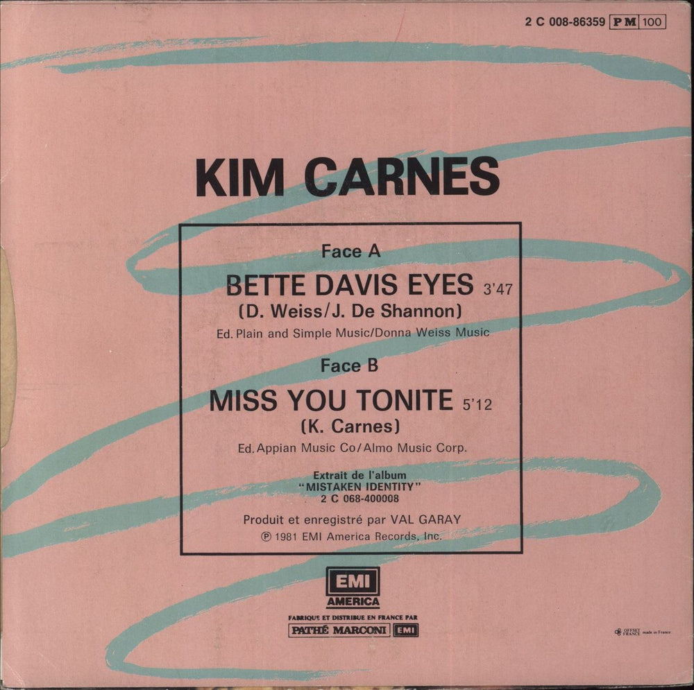 Kim Carnes Bette Davis Eyes French 7" vinyl single (7 inch record / 45)