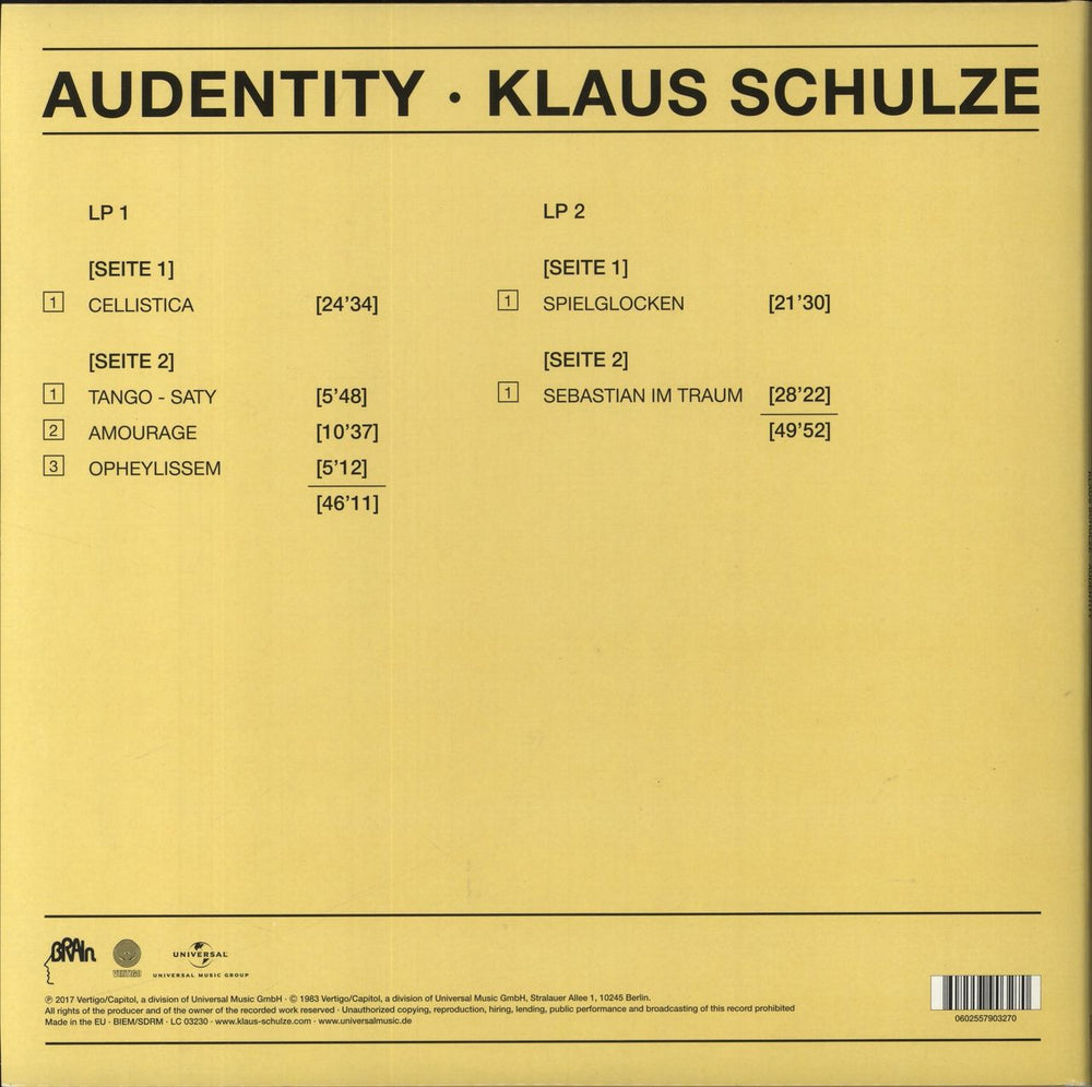 Klaus Schulze Audentity German 2-LP vinyl record set (Double LP Album) 885513013224