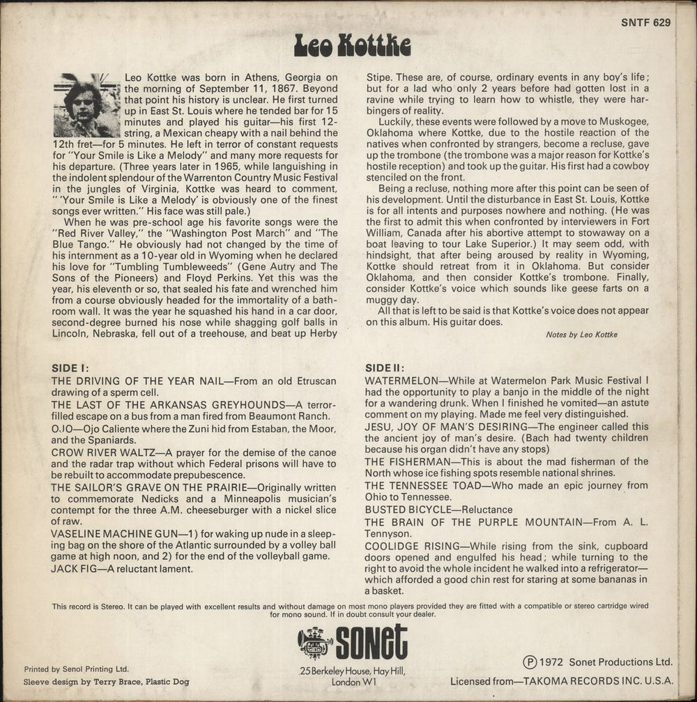Leo Kottke 6 & 12 String Guitar UK vinyl LP album (LP record)