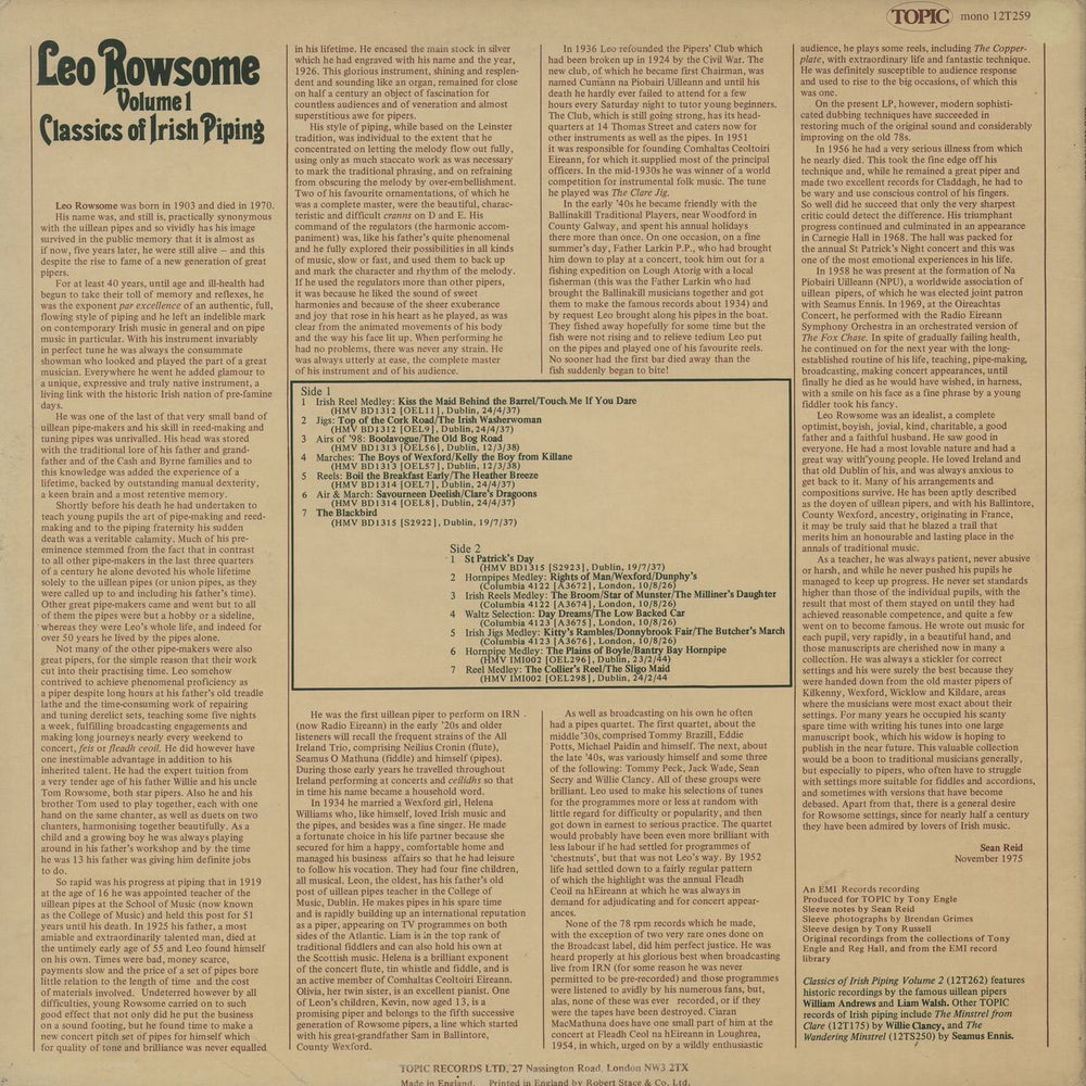 Leo Rowsome Leo Rowsome Volume 1: Classics Of Irish Piping UK vinyl LP album (LP record)