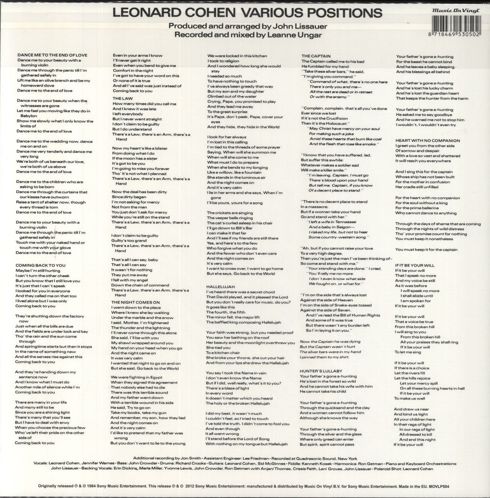 Leonard Cohen Various Positions - 180 Gram Vinyl UK vinyl LP album (LP record) 8718469530502