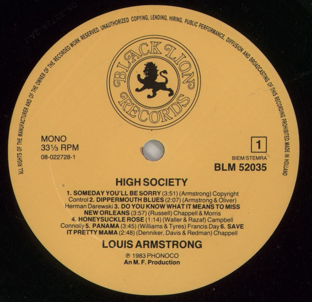 Louis Armstrong High Society Dutch vinyl LP album (LP record) LOALPHI867137