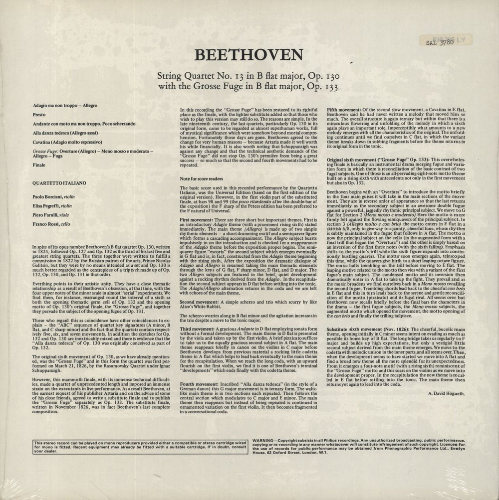 Ludwig Van Beethoven Beethoven String Quartet In B Flat, Op. 130 / "Gross Fuge", Op. 133 UK vinyl LP album (LP record)