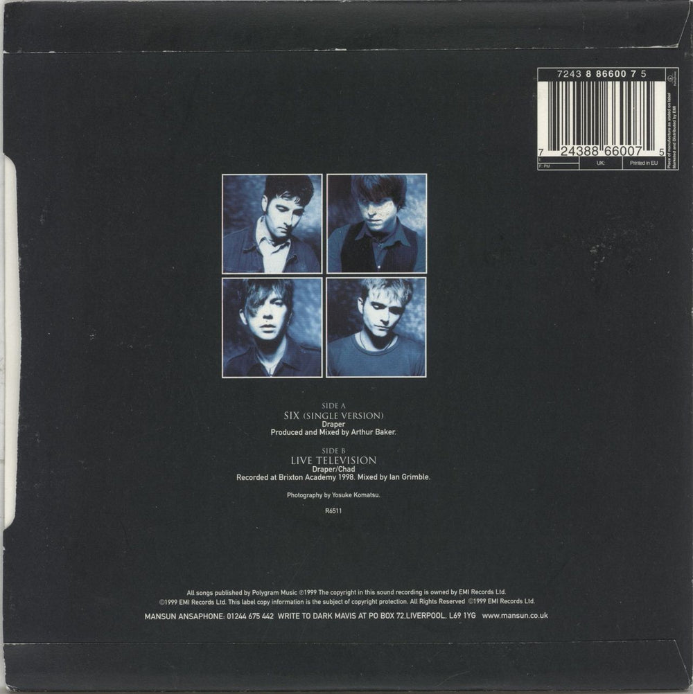 Mansun Six - Clear Vinyl UK 7" vinyl single (7 inch record / 45) 724388660075