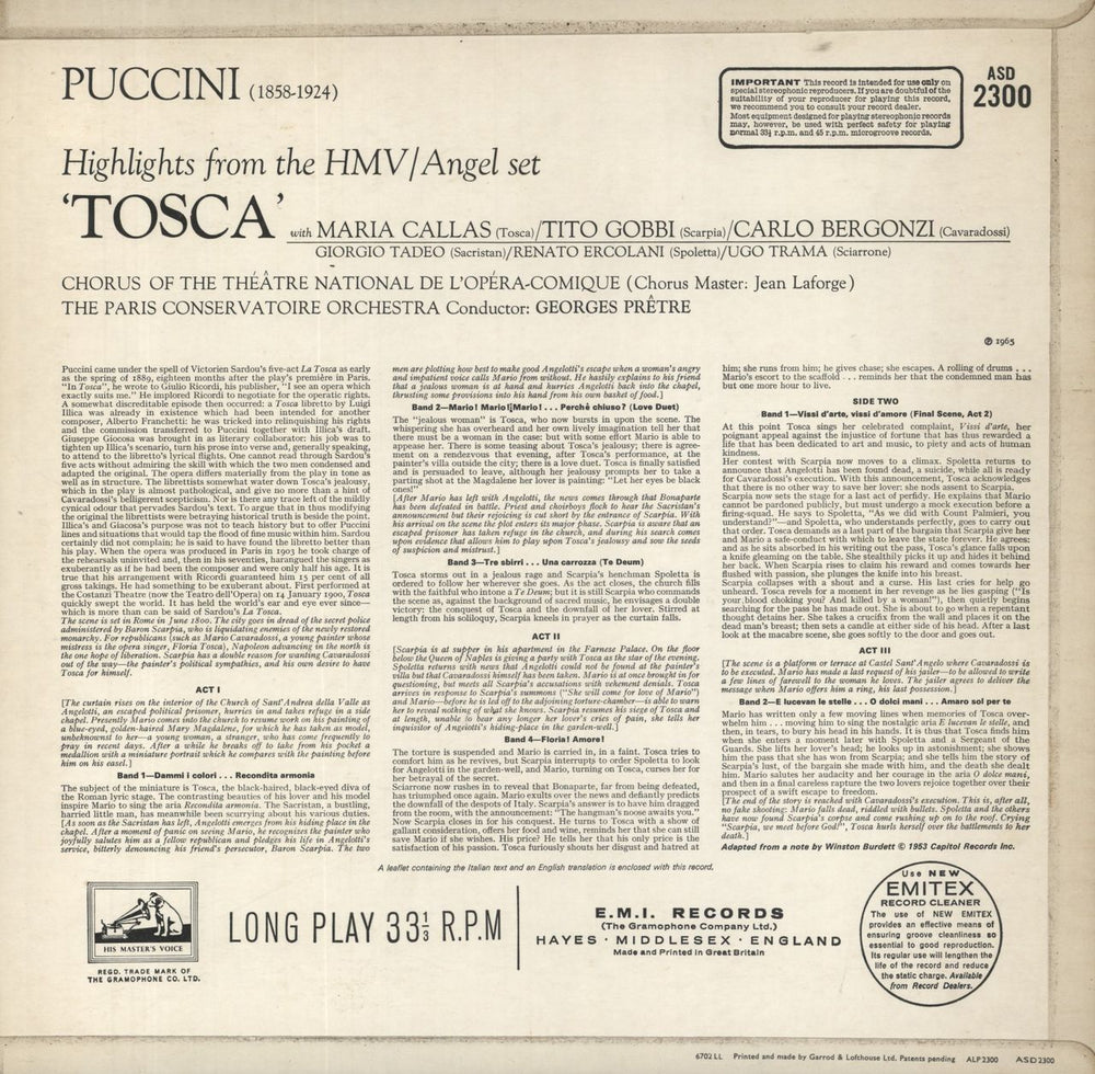 Maria Callas Highlights From "Tosca" UK vinyl LP album (LP record)