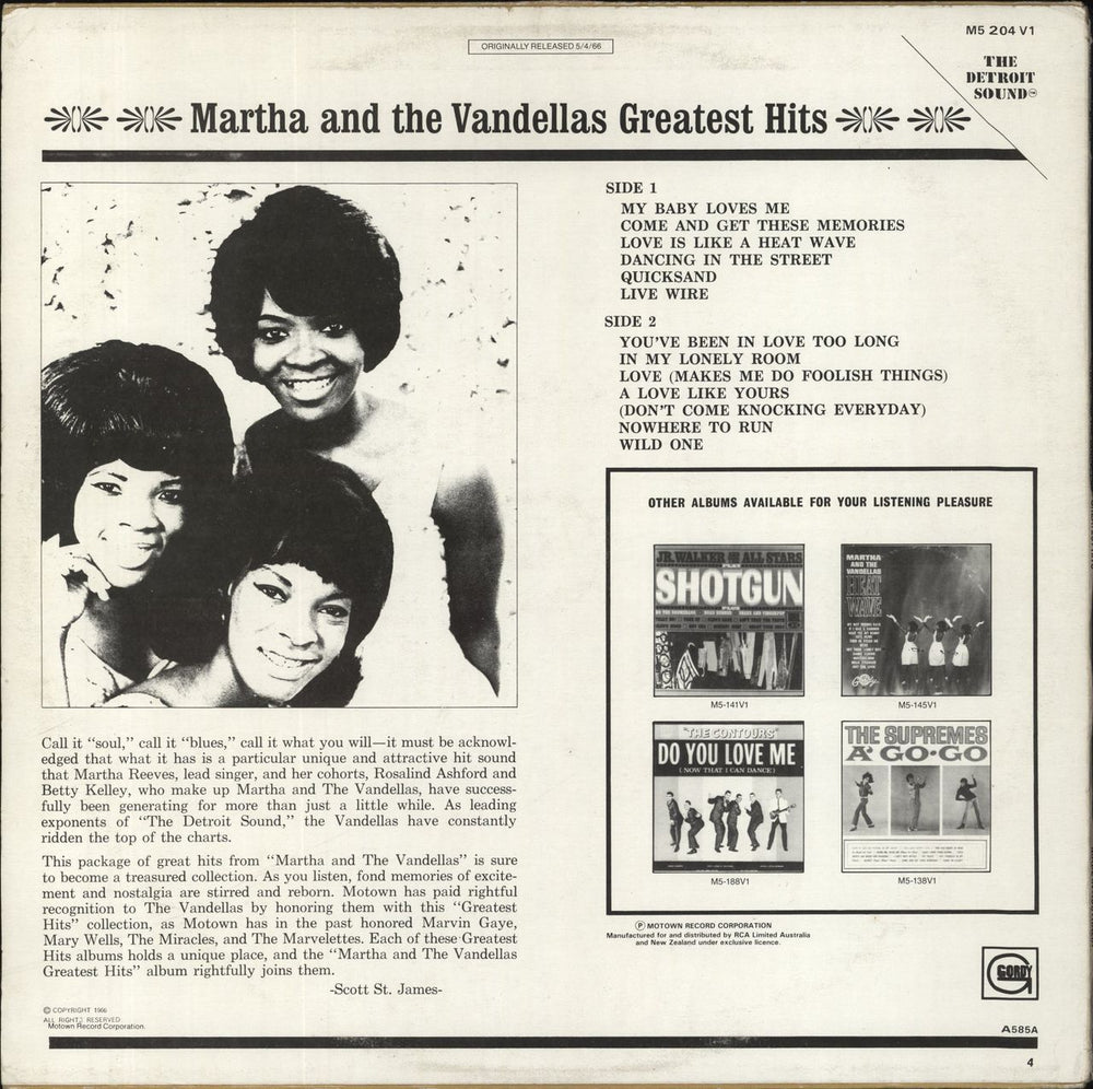 Martha Reeves & The Vandellas Greatest Hits Australian vinyl LP album (LP record) 050109282814