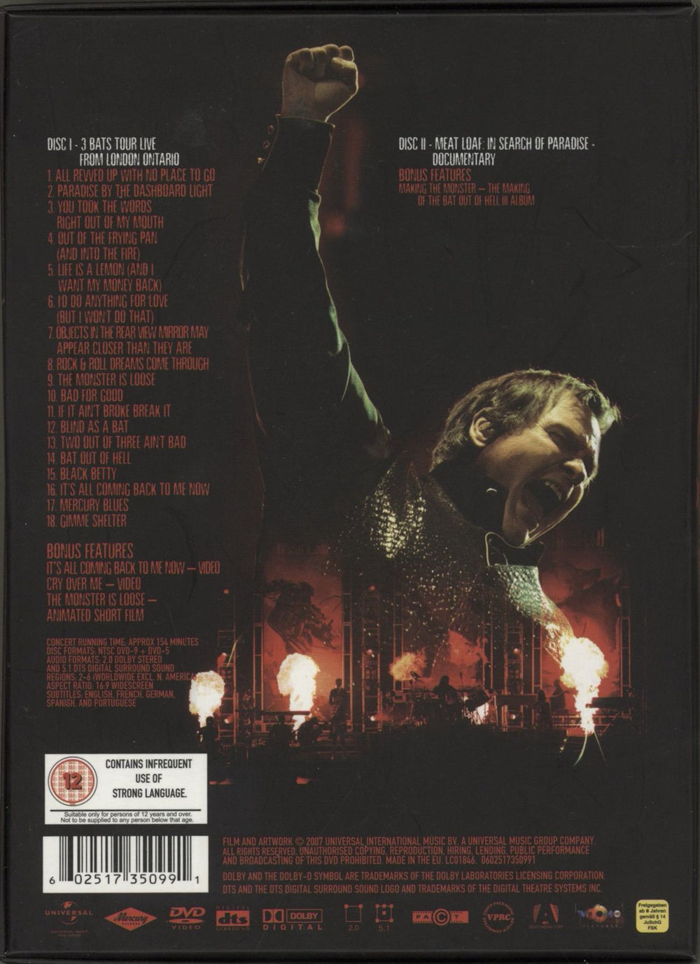 Meat Loaf 3 Bats Live UK DVD 602517350991