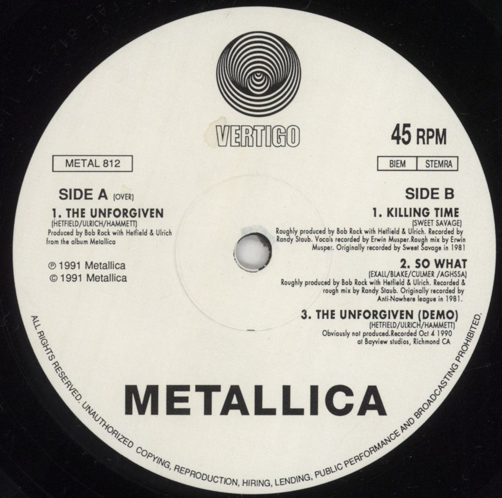 Metallica The Unforgiven - warning stickered p/s - EX UK 12" vinyl single (12 inch record / Maxi-single) MET12TH746297