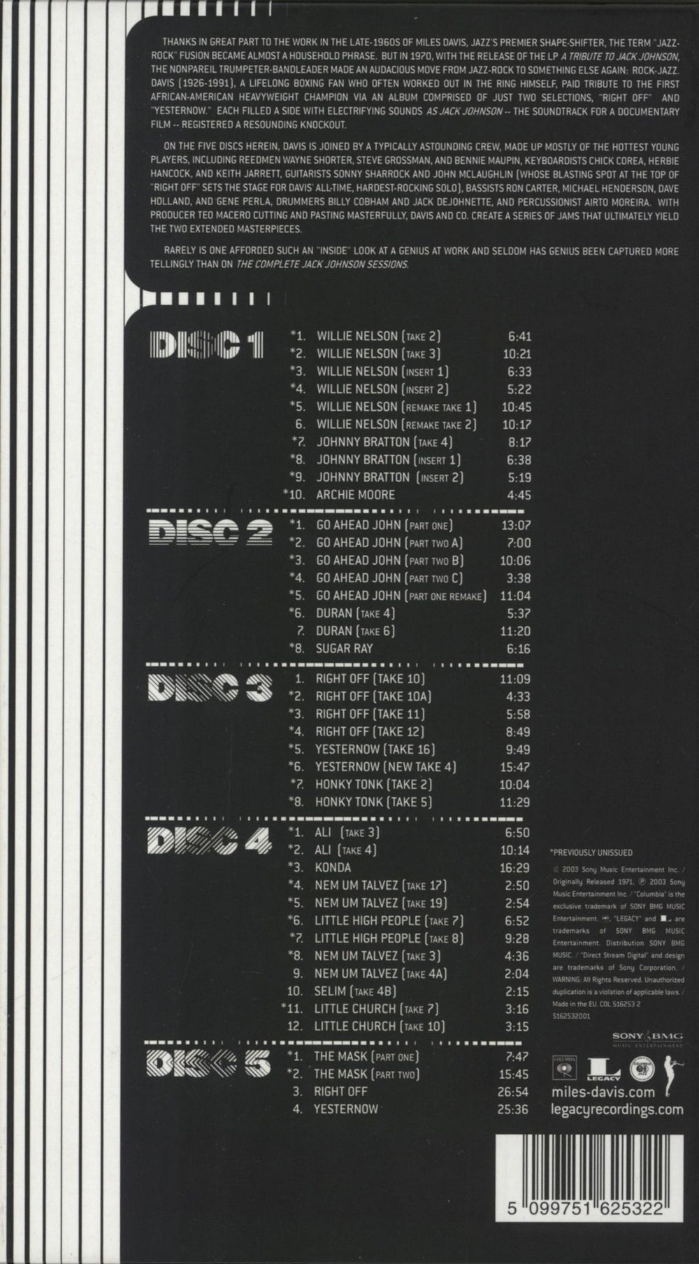 Miles Davis The Complete Jack Johnson Sessions UK 5-CD album set 5099751625322